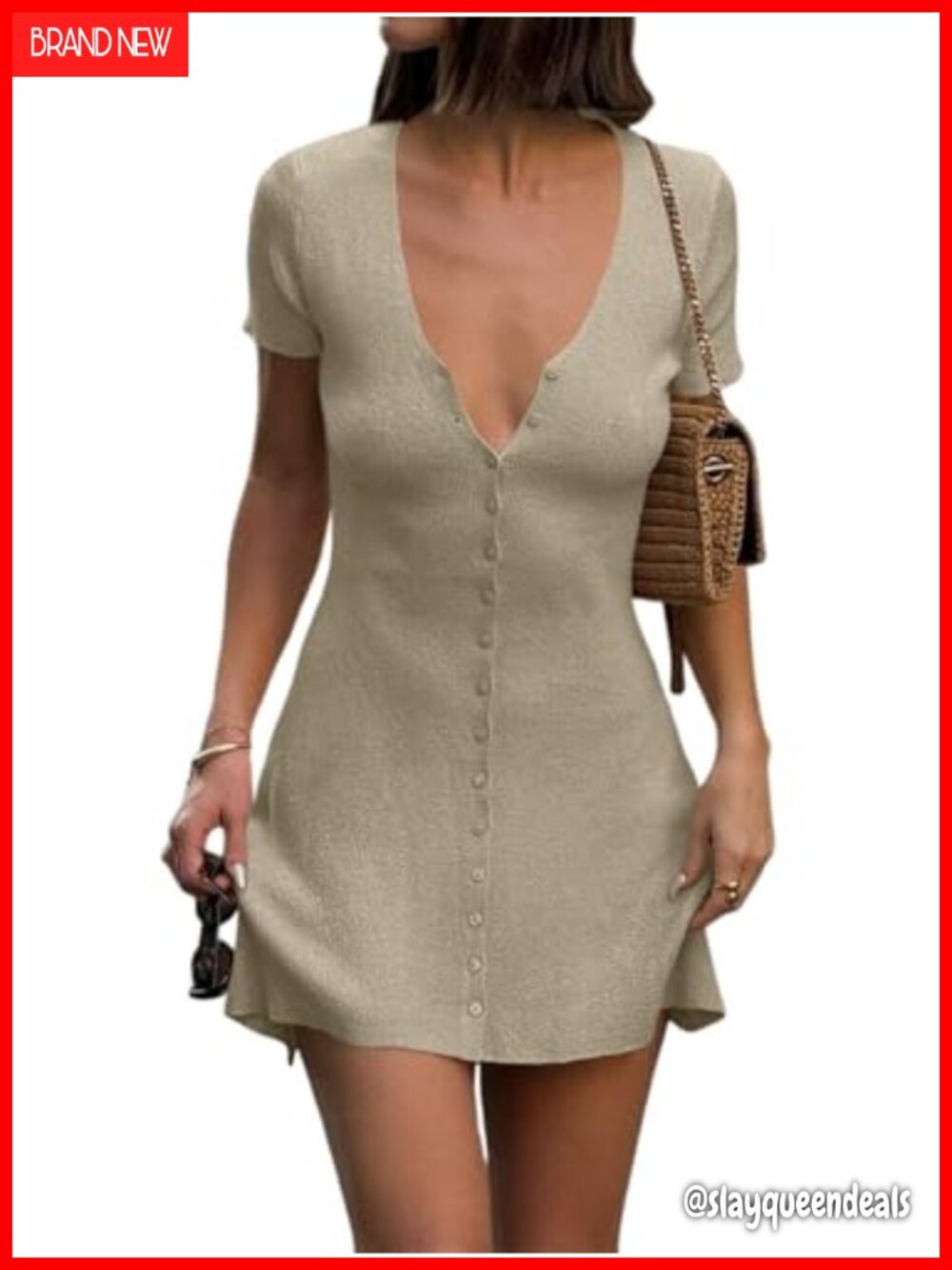 Saodimallsu Womens V Neck Mini Sweater Dress Button Up Knit Short Sleeve